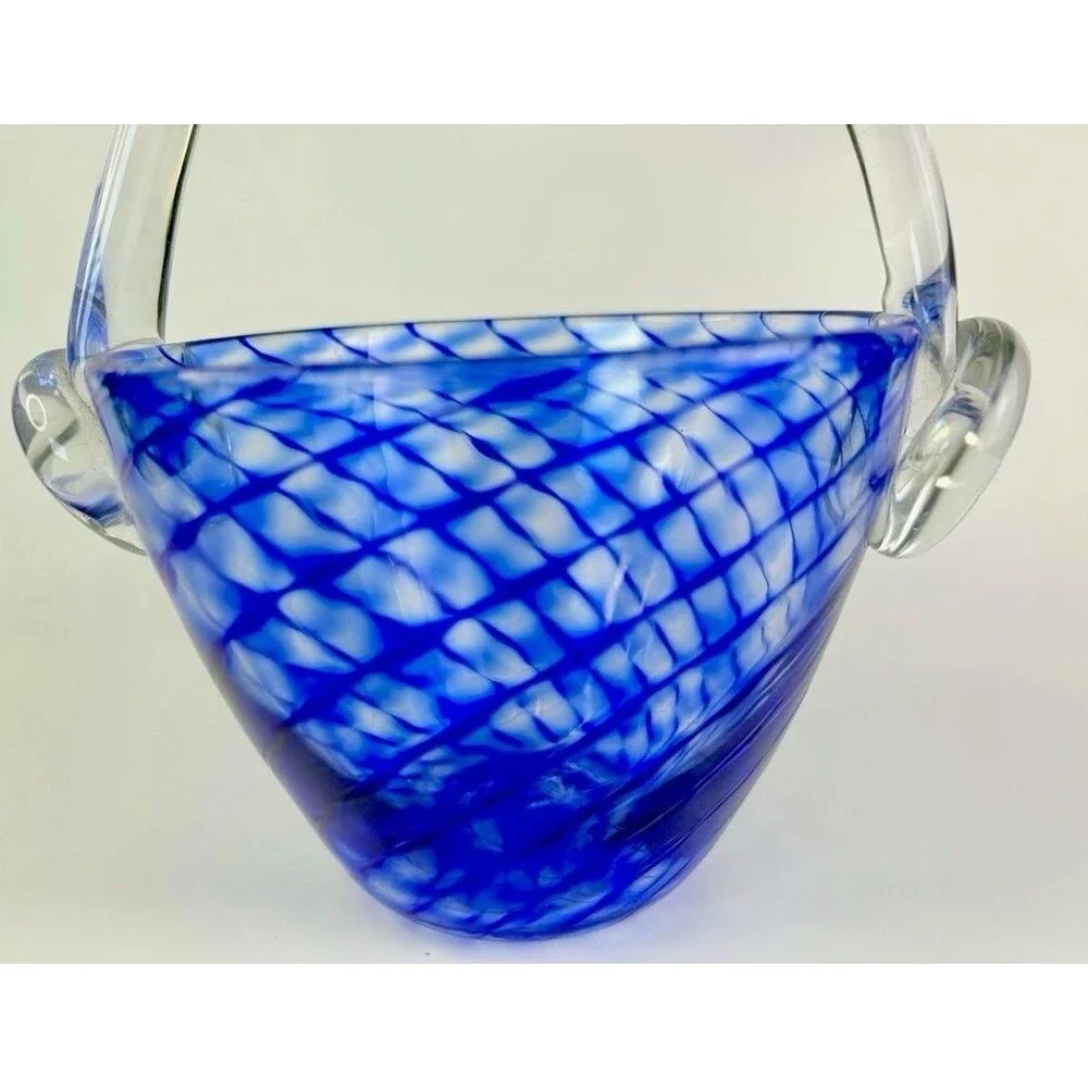 Signed Arnold Larson 2004 Studio Art Glass Basket Blue Swirl 8.5